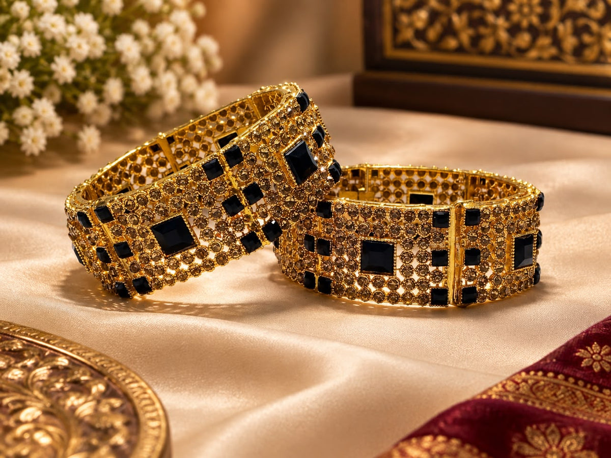 Black Stone Golden Openable Kara Pair