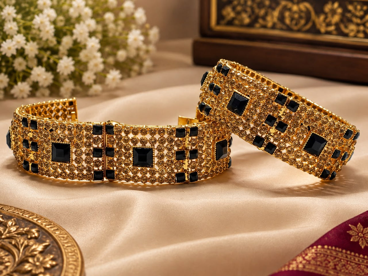 Black Stone Golden Openable Kara Pair