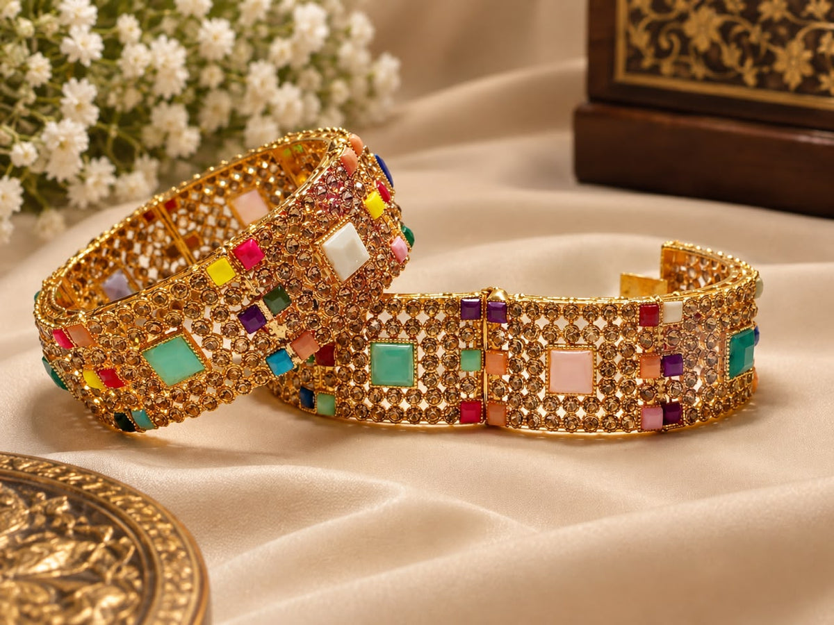 Multicolour Stone Gold Openable Kara Pair