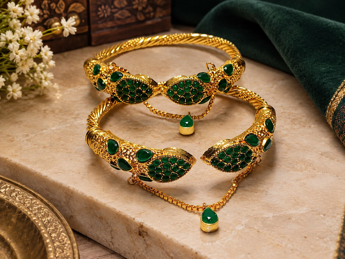 Green Stone Golden Bangles Pair
